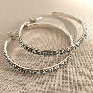 Sterling Silver 925 Hoop Earrings with Aquamarine Blue Crystal Rhinestones